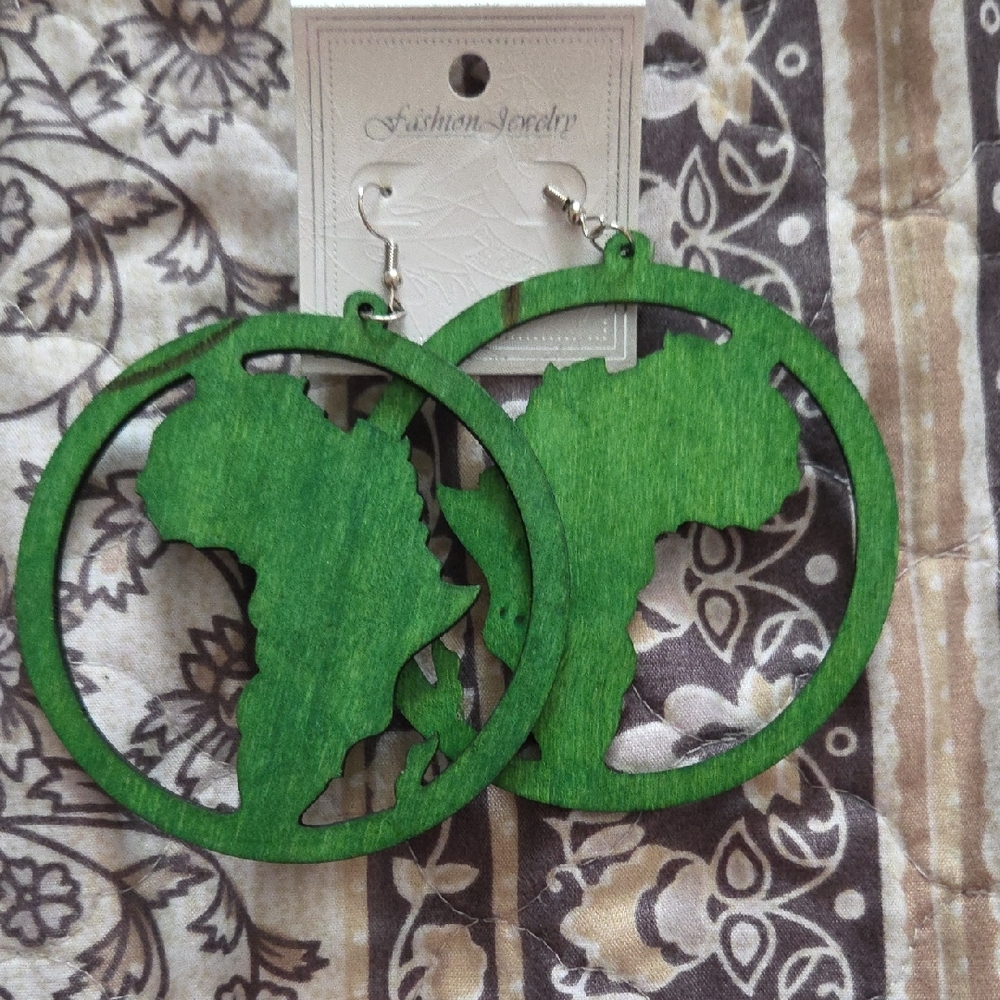 Green Wooden Africa Map Earrings